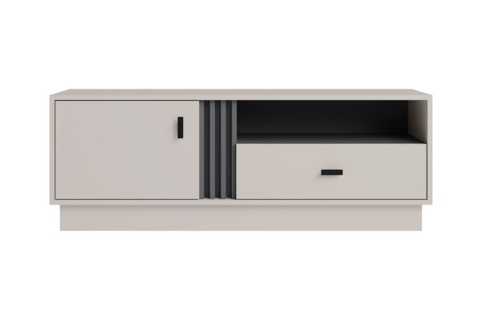 Modern lowboard in lichtgrijs met zwarte handgrepen en verticale lamellen voor een witte achtergrond.