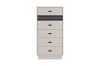Narrow tall chest of drawers in beige with black handles and decorative dark slats.