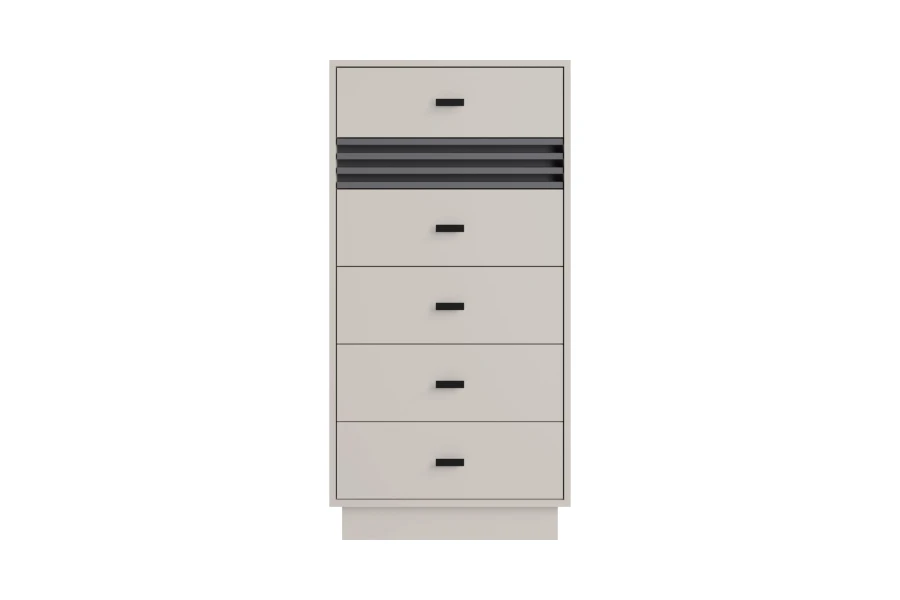 Narrow tall chest of drawers in beige with black handles and decorative dark slats.