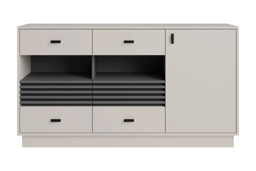 Modern dressoir in beige met lades en grijze designelementen.