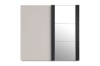 Large wardrobe in beige with mirrored door and dark slats.