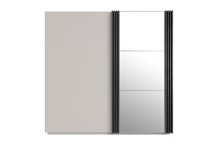 Großer Kleiderschrank in Beige mit Spiegeltür und dunklen Lamellen.