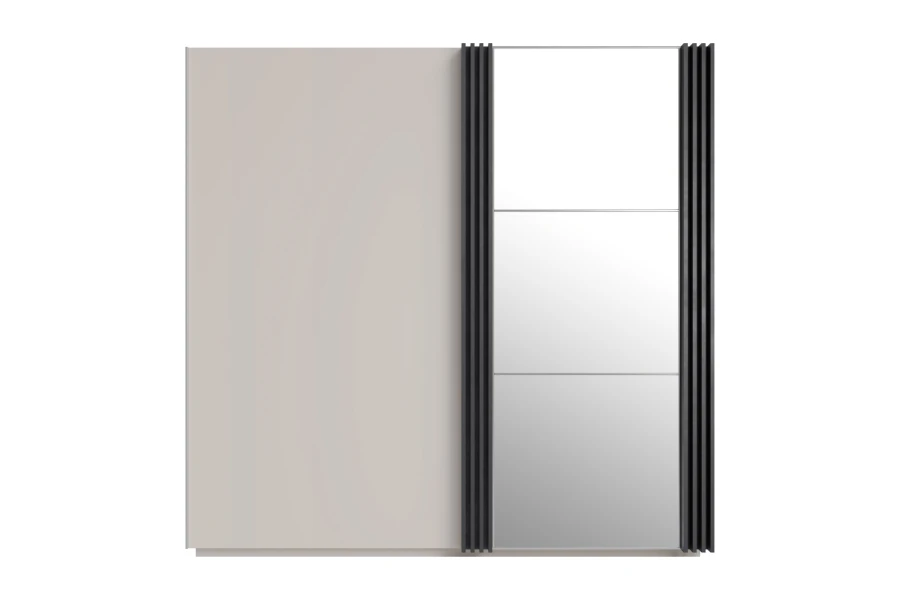 Grote kledingkast in beige met spiegeldeur en donkere lamellen.