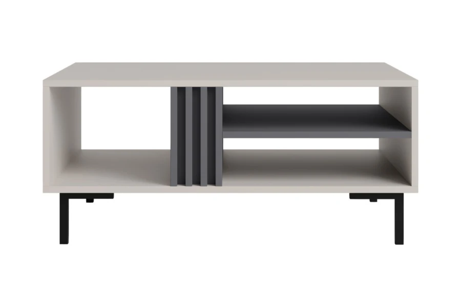 Moderner Couchtisch in Weiß und Grau mit offenen Fächern und schmalen schwarzen Metallfüßen.
