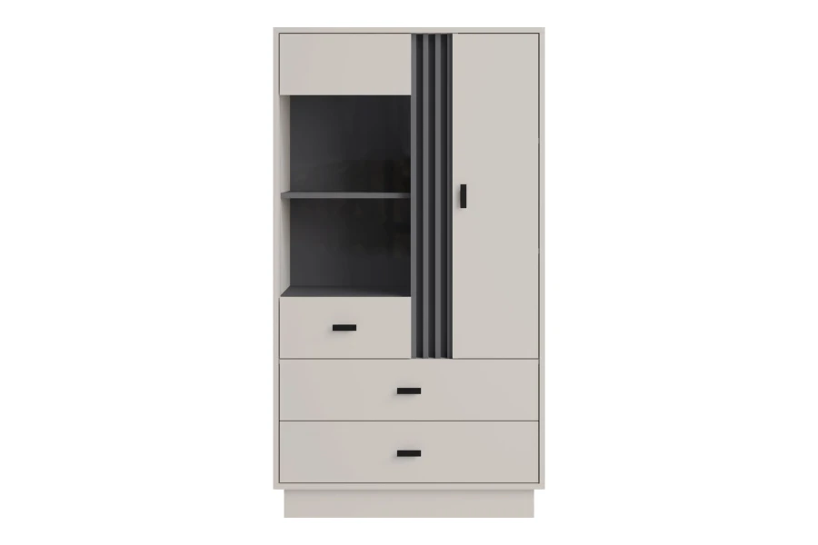 Modernes Highboard in Hellgrau mit Vitrinenelement, Lamellen-Optik und praktischen Schubladen.