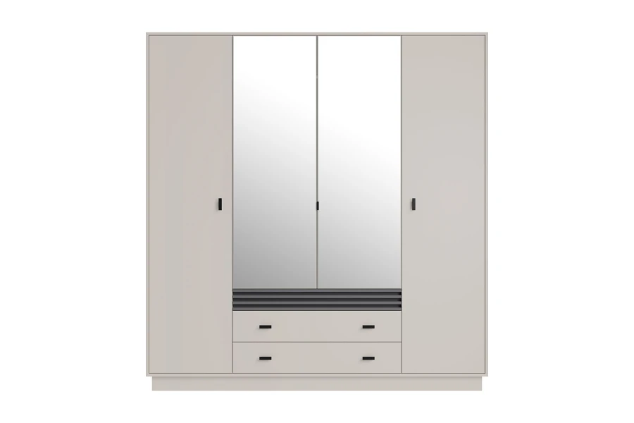 Viertüriger Kleiderschrank in Hellgrau mit zwei Spiegeltüren und zwei Schubfächern für viel Stauraum.