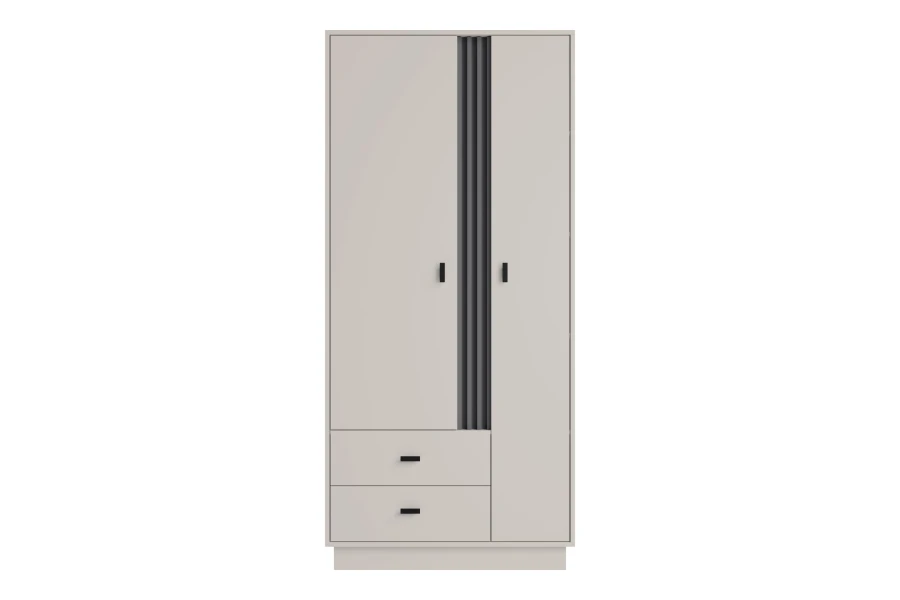 Moderner Kleiderschrank in Beige mit zwei Schubladen und dunklen Akzenten auf weißem Hintergrund.