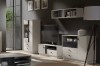 Modernes Wohnzimmer-Set mit TV-Lowboard, Kommoden und Wandregal in Beige und Anthrazit.