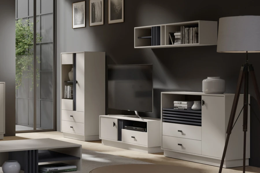 Modernes Wohnzimmer-Set mit TV-Lowboard, Kommoden und Wandregal in Beige und Anthrazit.