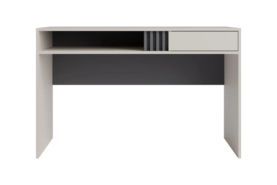 Minimalistischer Schreibtisch in Grau und Weiß mit integrierter Schublade und offenem Fach.