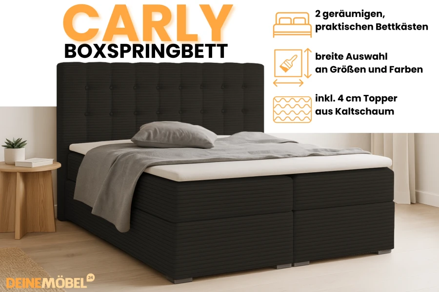 Carly Boxspringbett Dunkelgrau mit Bettkasten und Kaltschaum-Topper.