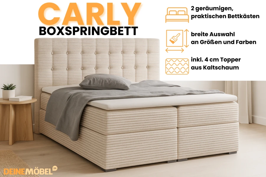 Produktübersicht Boxspringbett Carly mit Highlights wie Bettkasten, Farbauswahl und Kaltschaum-Topper.
