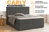 Carly Boxspringbett Infografik: Details zu Bettkästen, Kaltschaum-Topper und Design-Optionen.
