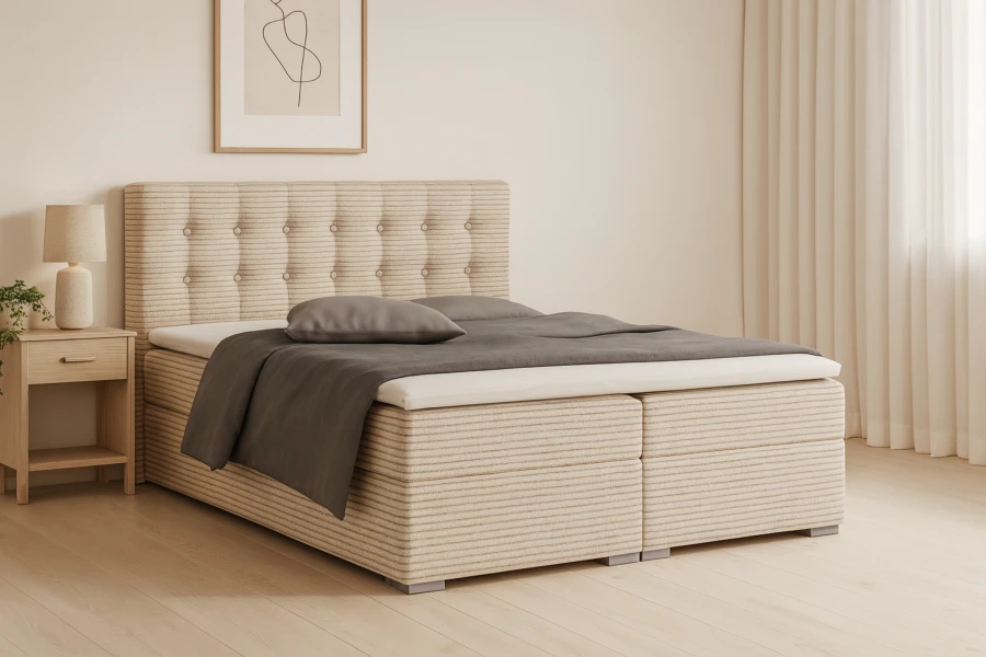 Stylish Carly boxspring bed in light beige with bedside table and modern wall decoration.