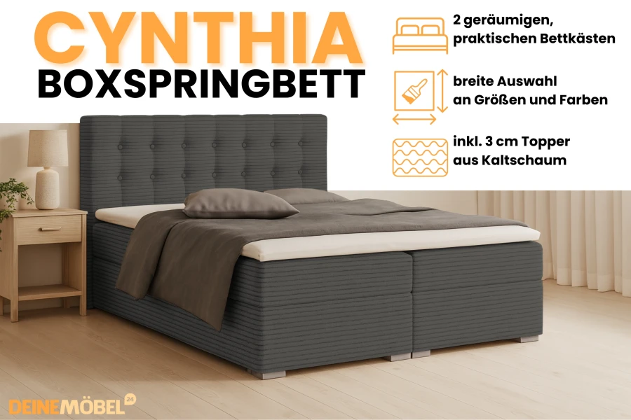 Produktübersicht Boxspringbett Cynthia mit Details zu Bettkästen, Farbauswahl und Kaltschaum-Topper.