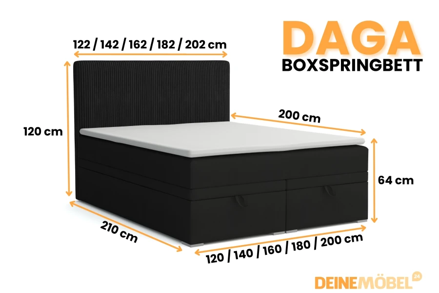 Abmessungen und Größenübersicht für das schwarze DAGA Boxspringbett.