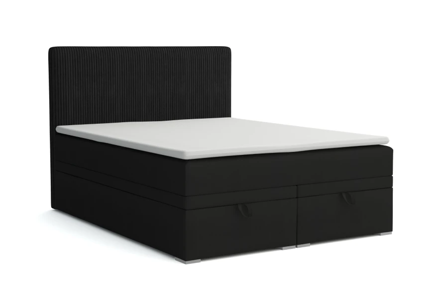 Modernes schwarzes Boxspringbett mit geripptem Kopfteil und Bettkasten.
