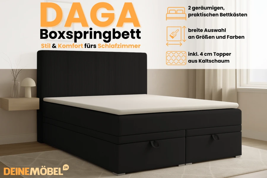 Infografik zum Boxspringbett Daga mit Details zu Bettkästen, Topper und Farbauswahl.
