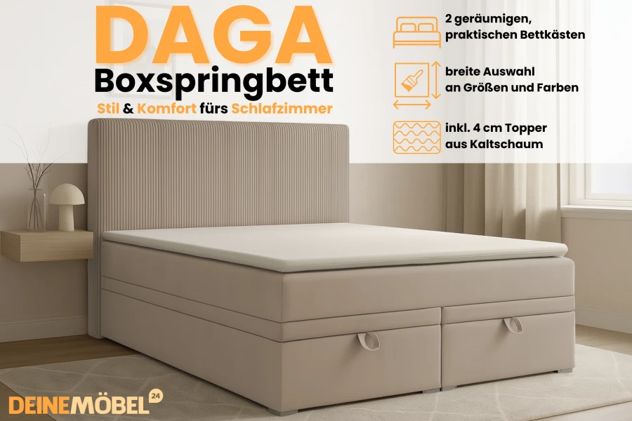 DAGA Boxspringbett Produktübersicht mit Details zu Bettkästen, Farbauswahl und Kaltschaum-Topper.