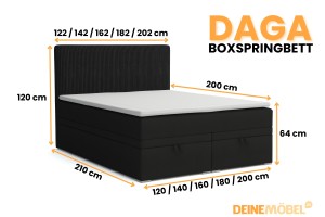 DAGA 180x200 Poso 135/Kronos 7 Schwarz Boxspringbett mit Bettkasten und einer durchgehenden Matratze H4 Deine Möbel