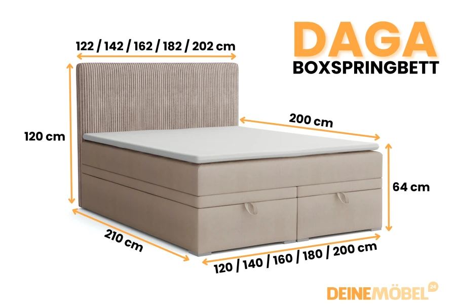 Maßgrafik für das DAGA Boxspringbett mit verschiedenen Breiten und Höhenangaben.