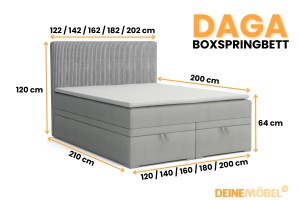 DAGA 180x200 Poso 55/Paros 5 Hellgrau Boxspringbett mit Bettkasten und einer durchgehenden Matratze H4 Deine Möbel