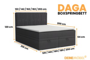 DAGA 200x200 Poso 34/Kronos 34 Anthrazit Boxspringbett mit Bettkasten und einer durchgehenden Matratze H4 Deine Möbel