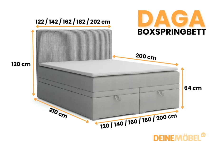 Maßangaben für das Boxspringbett Daga: Übersicht der verschiedenen Breiten, Höhen und Längen.