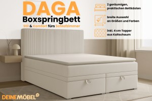 DAGA 140x200 Poso 100 / Paros 1 Creme Boxspringbett mit Bettkasten und einer durchgehenden Matratze H4 Deine Möbel 