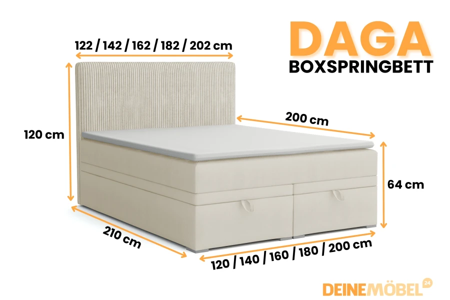 Übersicht der Maße und verfügbaren Größen für das DAGA Boxspringbett.