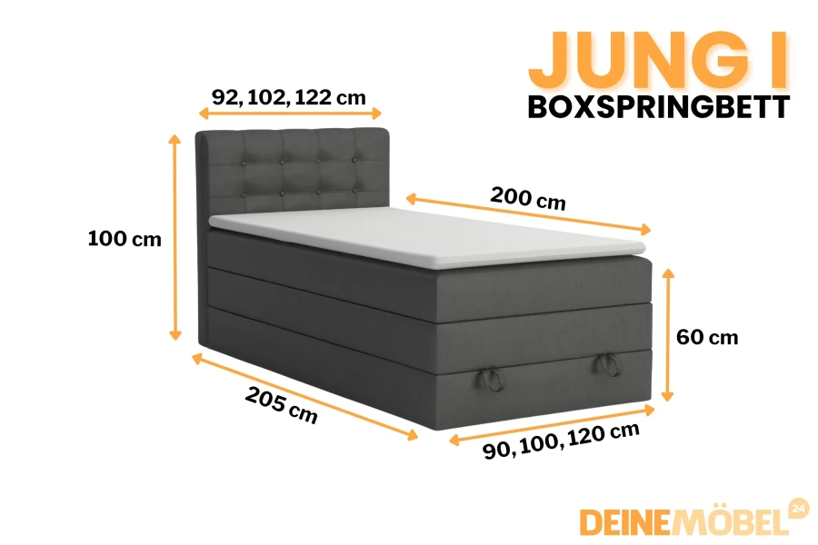 Detaillierte Maße und Abmessungen für das graue Jung I Boxspringbett von DEINEMÖBEL24.
