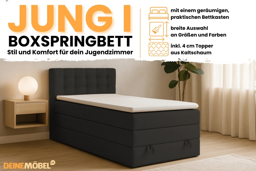 JUNG I Boxspringbett mit Bettkasten, Kaltschaum-Topper und verschiedenen Größen.