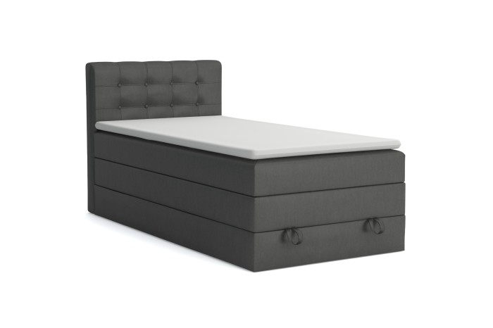 Einzel-Boxspringbett in Dunkelgrau mit gestepptem Kopfteil und weißem Topper.