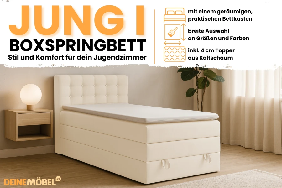 Infografik zum JUNG I Boxspringbett mit Details zu Bettkasten, Farbauswahl und Kaltschaum-Topper.