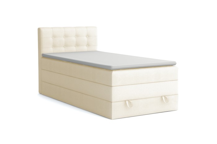 Beiges Boxspringbett mit elegant gestepptem Kopfteil und inklusivem Topper.