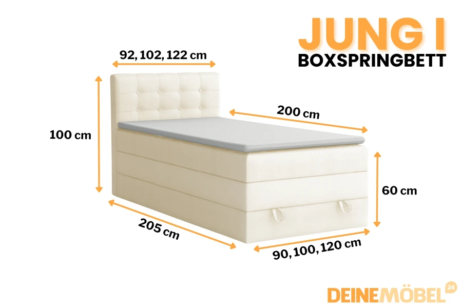 Technische Zeichnung mit Maßangaben für das JUNG I Boxspringbett in verschiedenen Größen.