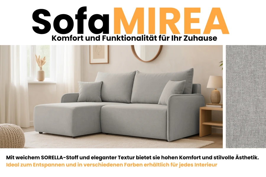 Gemütliches Ecksofa MIREA in Grau mit SORELLA-Bezug im modern eingerichteten Wohnzimmer.
