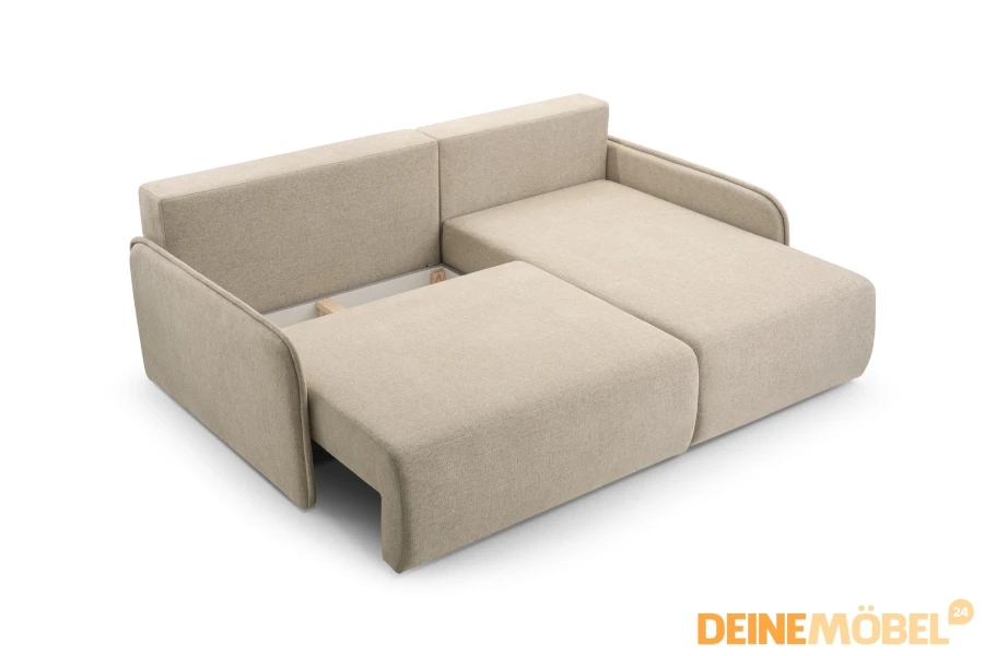 Ausziehbares beiges Schlafsofa mit Bettkasten und Stauraum in der Draufsicht.
