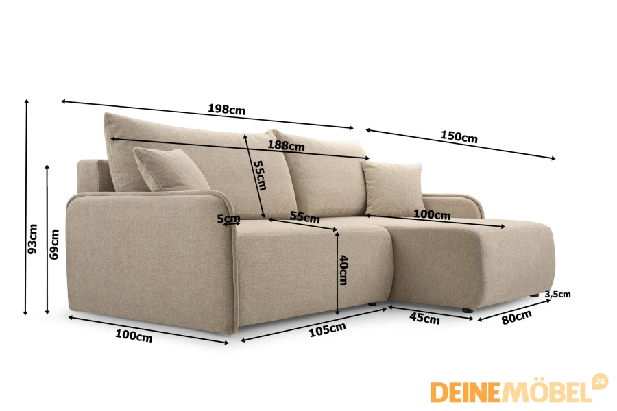Detaillierte Maße und Abmessungen des beigen Ecksofas mit Schlaffunktion