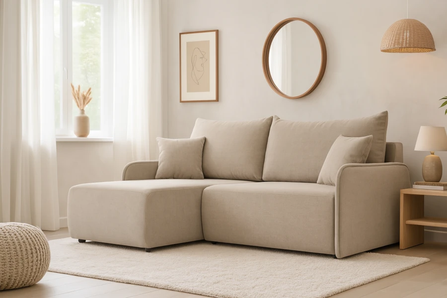 Beiges Ecksofa in modern gestaltetem Wohnzimmer mit gemütlicher Atmosphäre