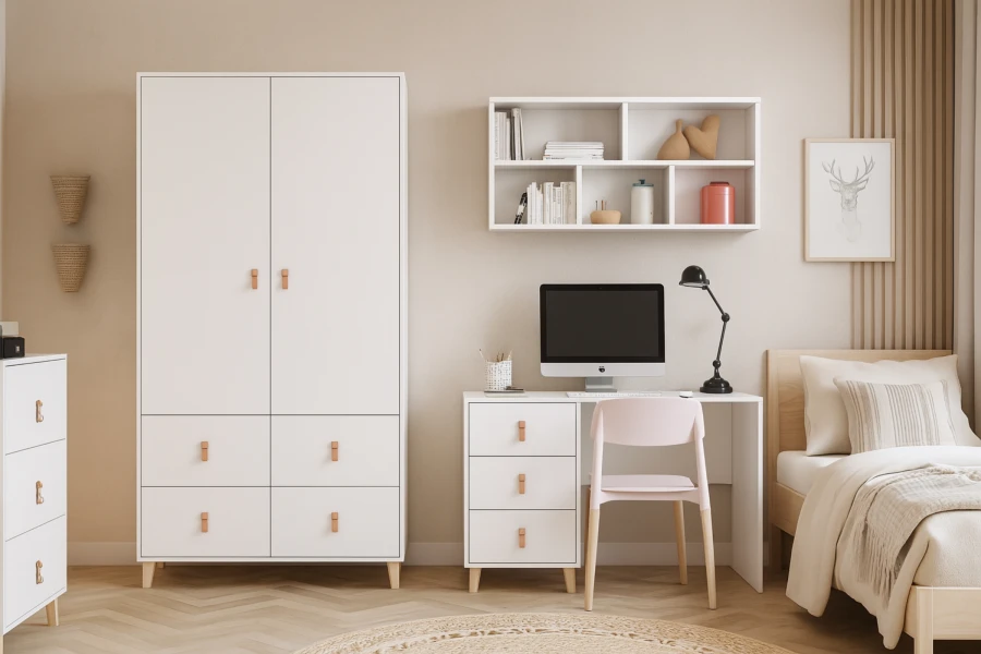 Jugendzimmer in hellen Farben mit weißem Schrank, PC-Arbeitsplatz und gemütlichem Bett.