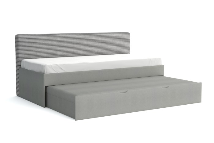 Graues Funktionsbett mit Ausziehfunktion und modernem Cord-Kopfteil
