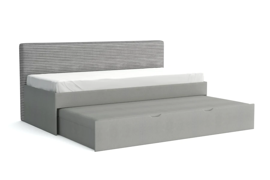 Graues Funktionsbett mit Ausziehfunktion und modernem Cord-Kopfteil