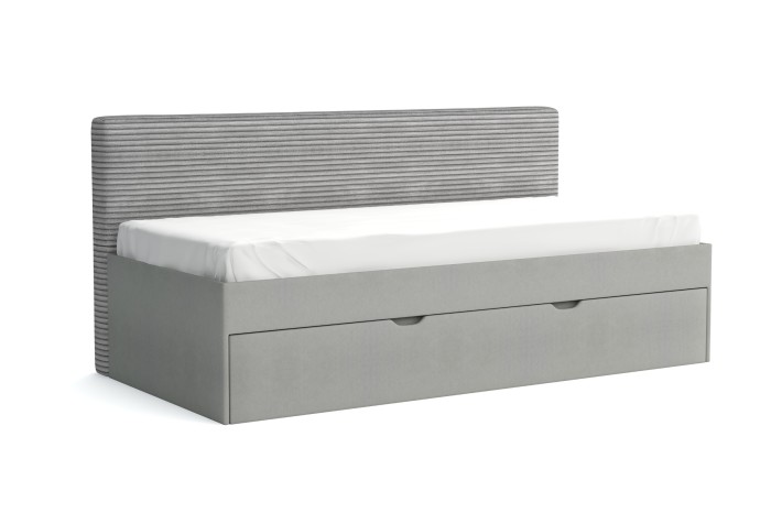 Modernes graues Kindersofa mit Cord-Optik Kopfteil und Bettkasten.