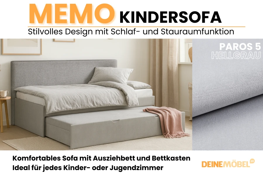 Memo Kindersofa hellgrau mit Schlaffunktion und Bettkasten im Kinderzimmer.