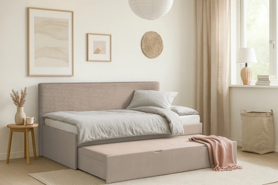 Modernes Kindersofa in Beige mit ausgezogenem Gästebett im hellen Zimmer.