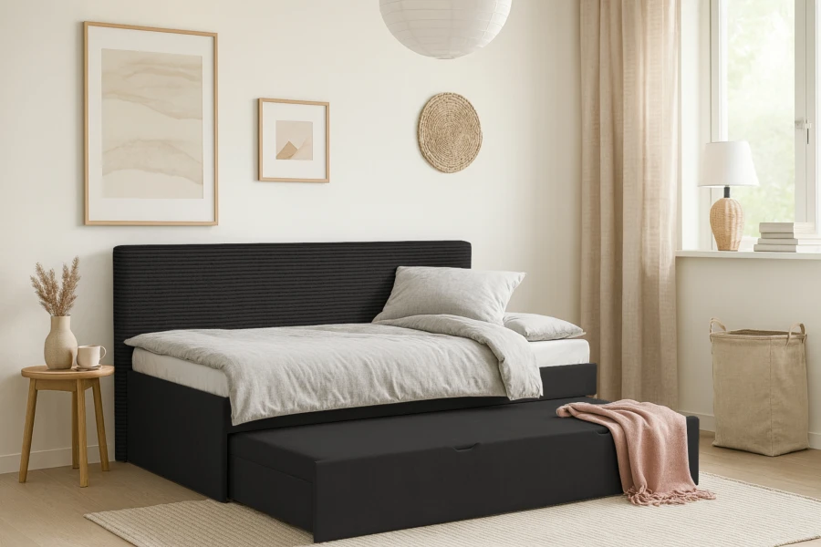 Modernes Ausziehbett in Schwarz mit ausgezogener Liegefläche in hellem Schlafzimmer-Ambiente.