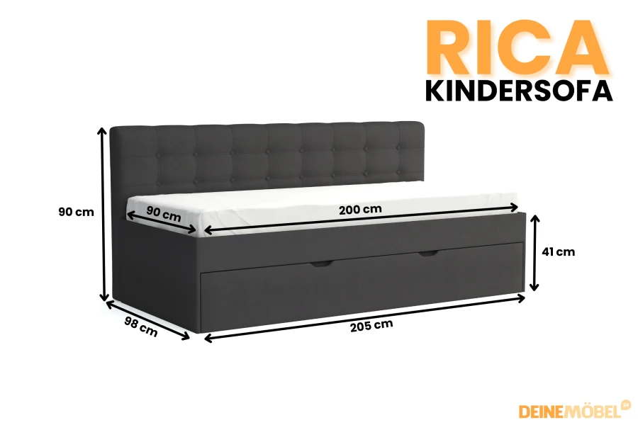 Abmessungen des Rica Kindersofas in Anthrazit: 90x200 cm Liegefläche.
