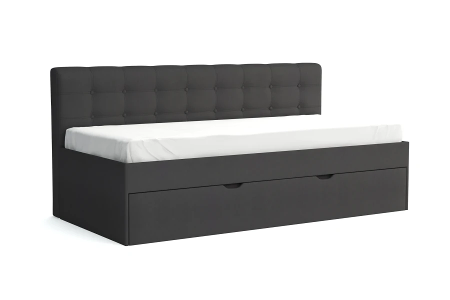 Rica Kindersofa in Anthrazit mit gepolstertem, gestepptem Kopfteil.