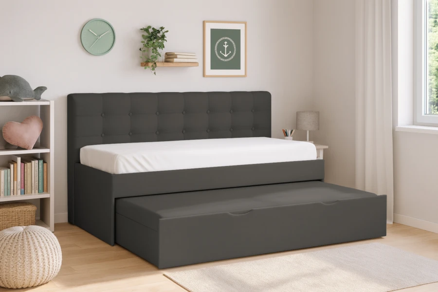Rica Kindersofa im Kinderzimmer mit ausgezogenem Gästebett in Anthrazit.